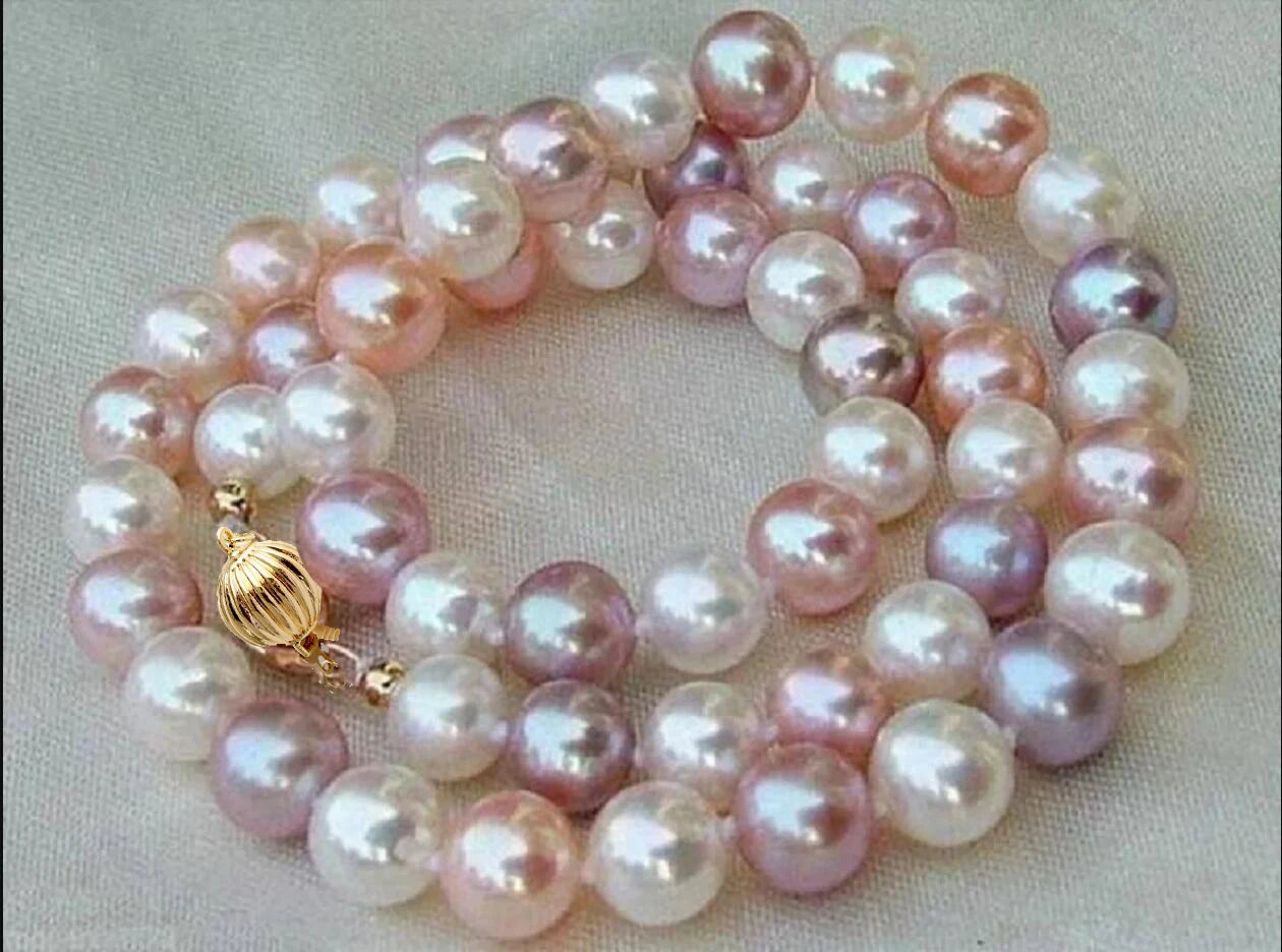Genuine 9-10mm Natural Multicolor Pearl Necklace 18'' AAA 14k gold clasp