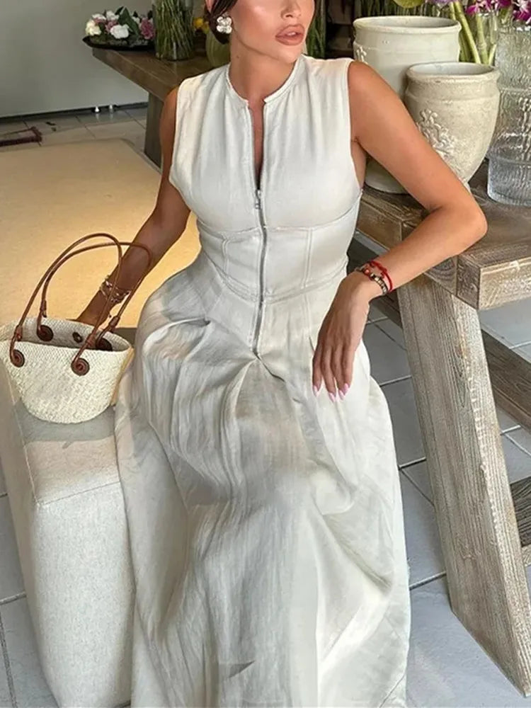TRAF Zipper Long Dress Women Pleated Sleeveless Bodycon Dress Summer Elegant Party Midi Dresses 2024