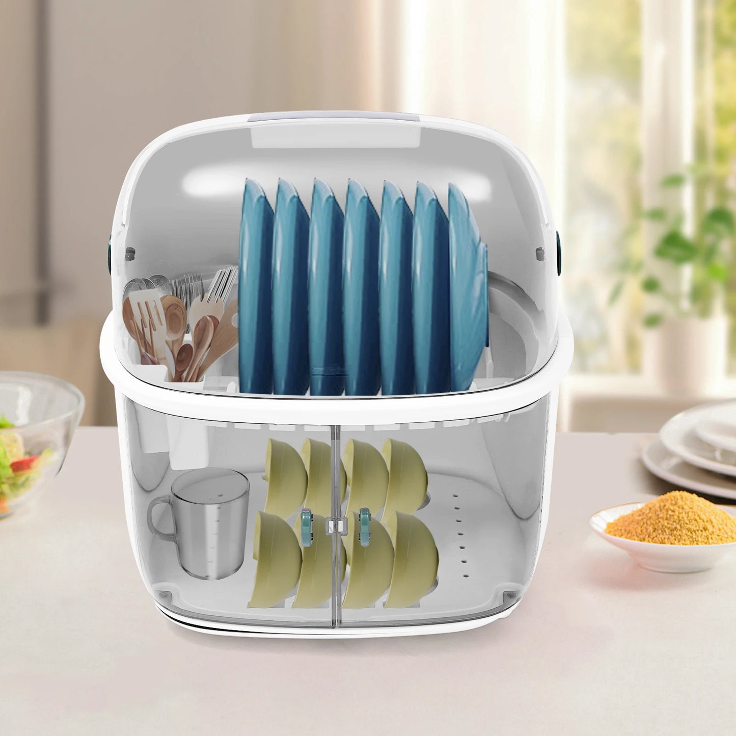 2 Tier Plastic Drying Rack with Clear Dust Cover for Kitchen Dish Drying Countertop Storage Shelf 37x28x44cm