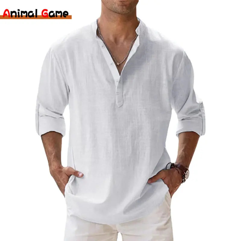 New Cotton Linen Casual Shirts for Men Lightweight Long Sleeve Henley Beach Hawaiian T Shirts