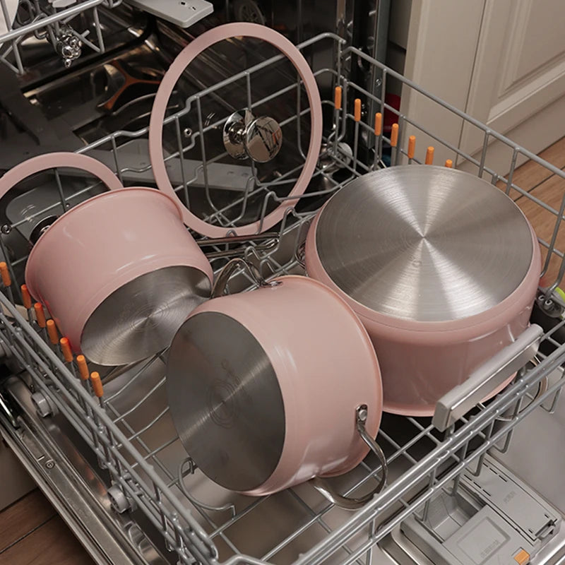 Stainless Steel 9pcs Pot Set, Including 1 Milk Pot, 2 Stockpots, 1 Non-Stick Pan, 4 LIDS And 1 Steamer Pink Shipping From USA