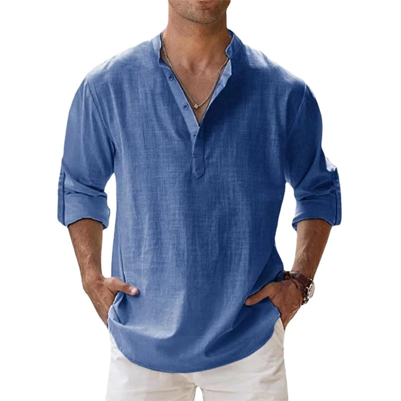 New Cotton Linen Casual Shirts for Men Lightweight Long Sleeve Henley Beach Hawaiian T Shirts