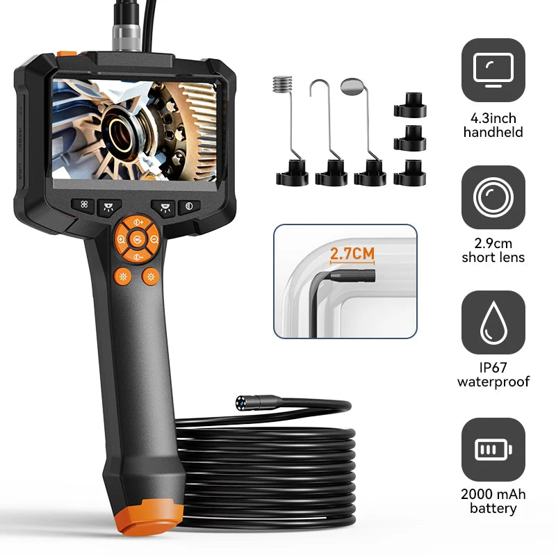 Industrial Endoscope Camera 4.3 Inch IPS Screen IP67 Waterproof HD 1080P 8mm Lens Pipe Sewer Inspection Borescope for Car