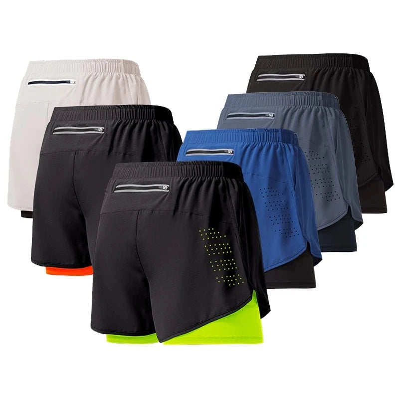 Men's Quick Drying Black Running Shorts Double Layer Fitness Workout Training Pants