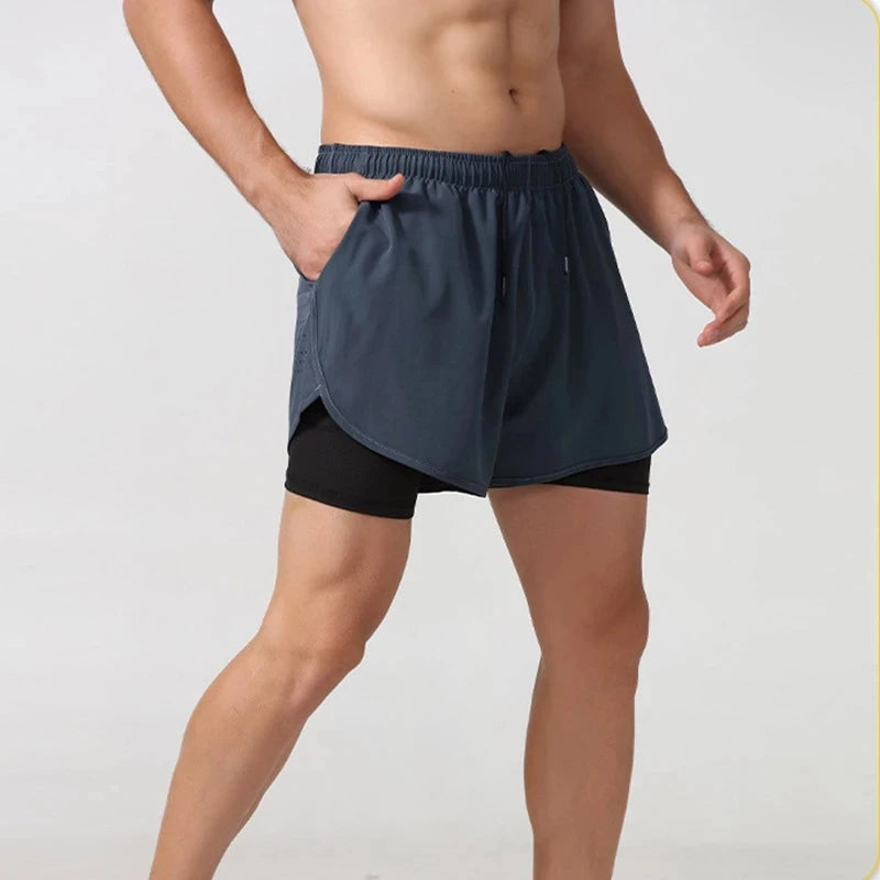 Men's Quick Drying Black Running Shorts Double Layer Fitness Workout Training Pants