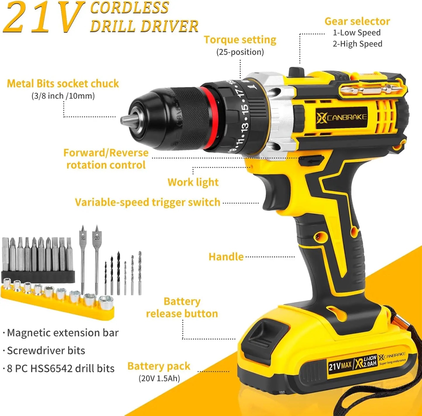 120 PCS 21V Cordless Drill Set with 3/8 Inch Keyless Chuck Metal and 25 Plus 3 Clutch with Impact