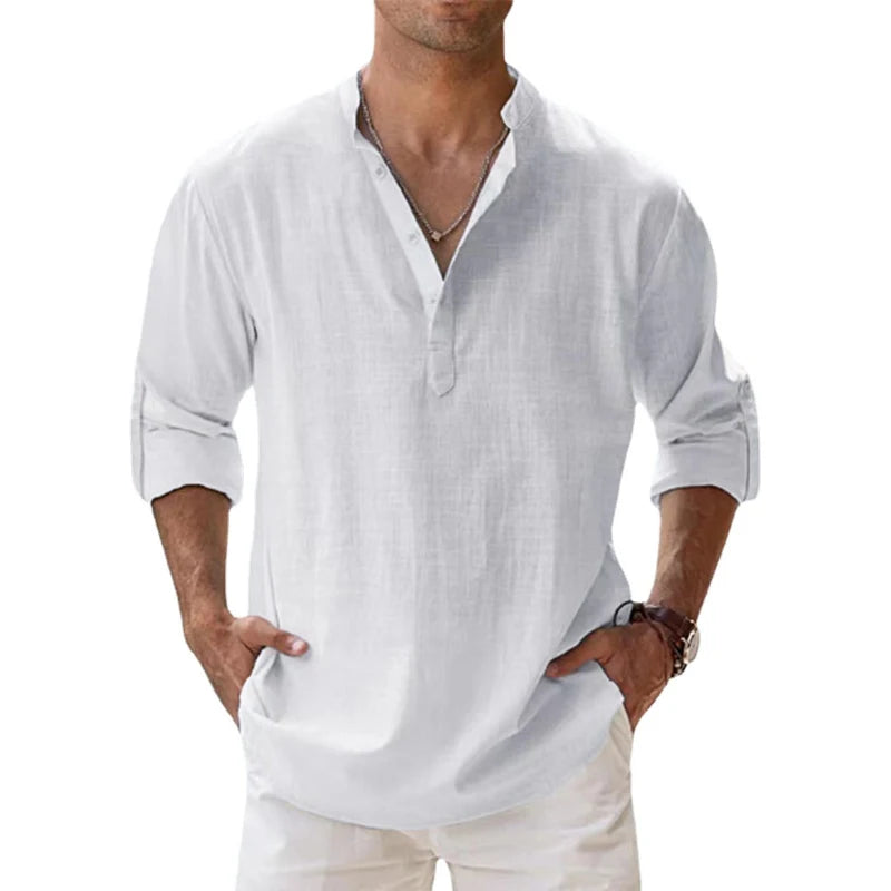 New Cotton Linen Casual Shirts for Men Lightweight Long Sleeve Henley Beach Hawaiian T Shirts