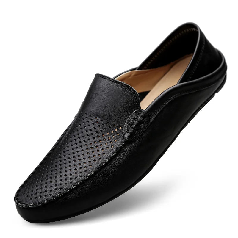 Summer Men Casual Shoes Leather Moccasins Breathable Slip On Boat Shoes Italian Luxury Brand Mens Driving Loafers Size 37 to 47