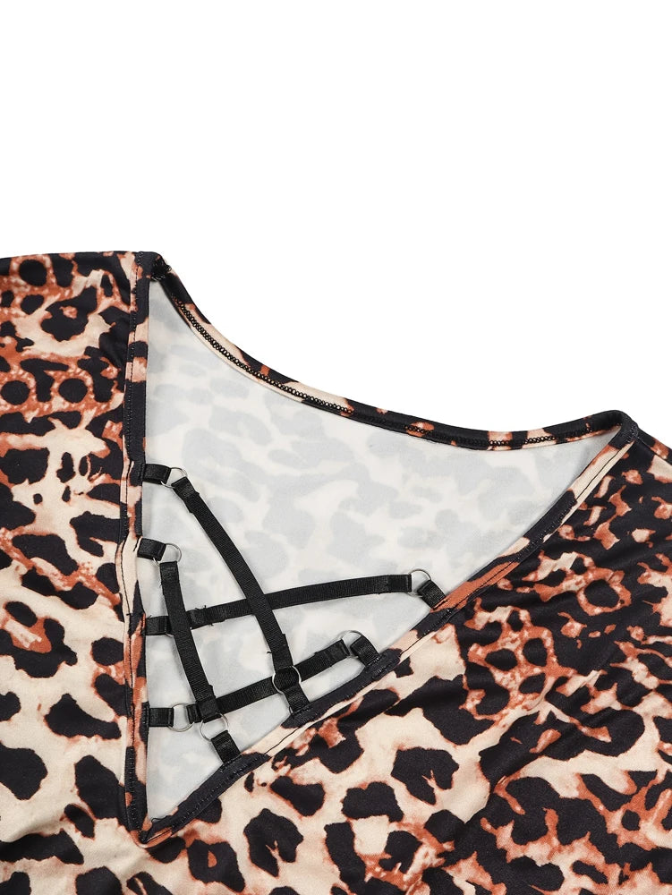 Plus Size Womens Elegant Leopard Print Long Sleeve Top with Lace Trim and Deep V Neck