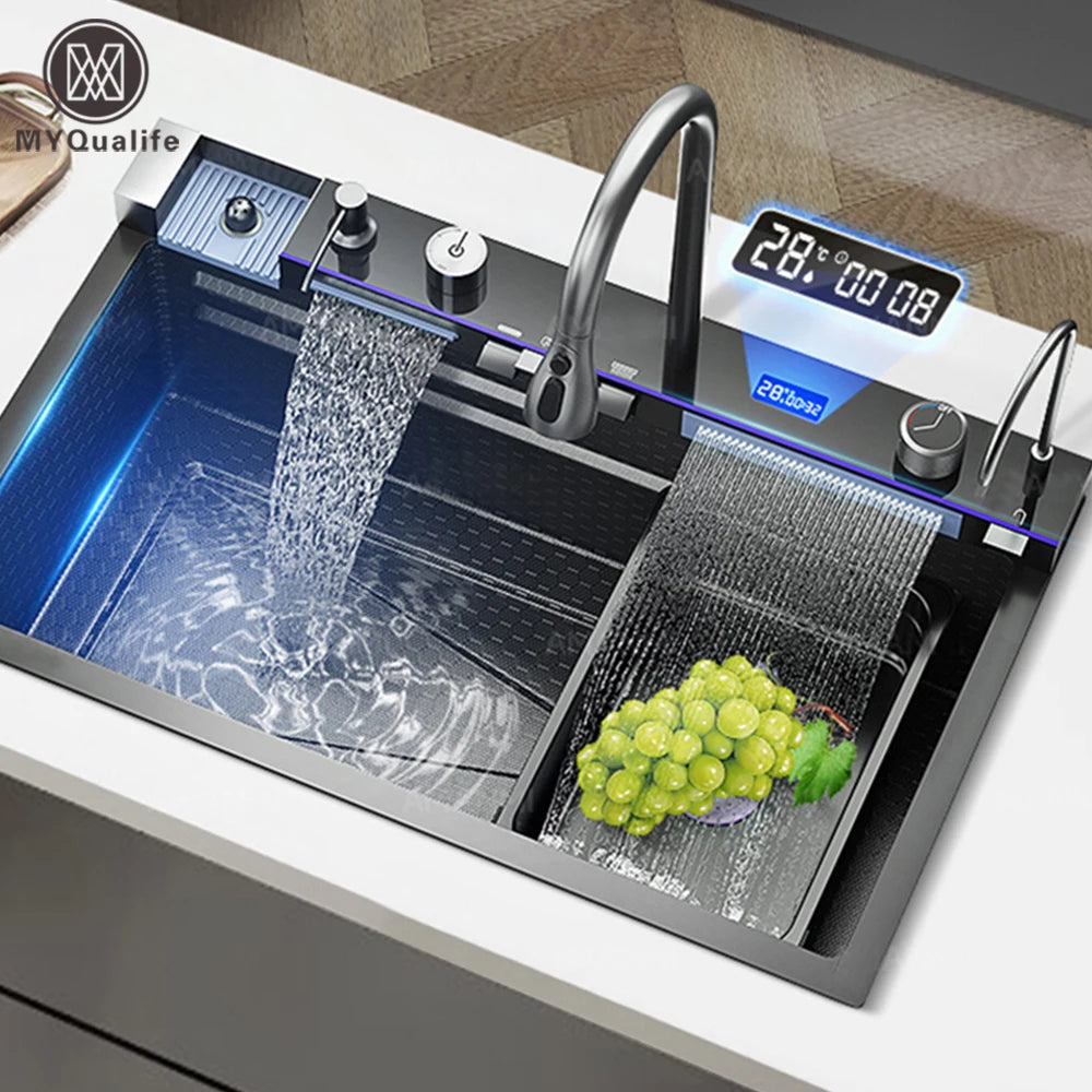 304 Stainless Steel Large Single Slot Waterfall Kitchen Sink with Integrated Digital Display Faucet Set and Soap Dispenser