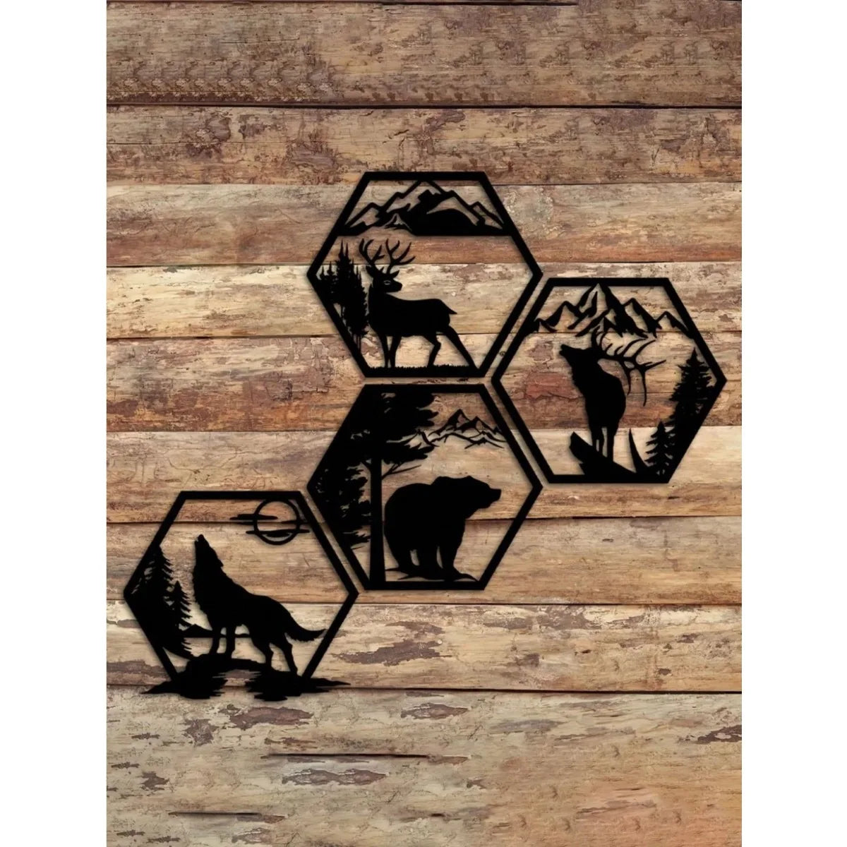 4PC Hexagon Animal (Deer/Wolf/Bear) Metal Wall Sculpture | Rustic Black Decor | Halloween & Christmas Gift