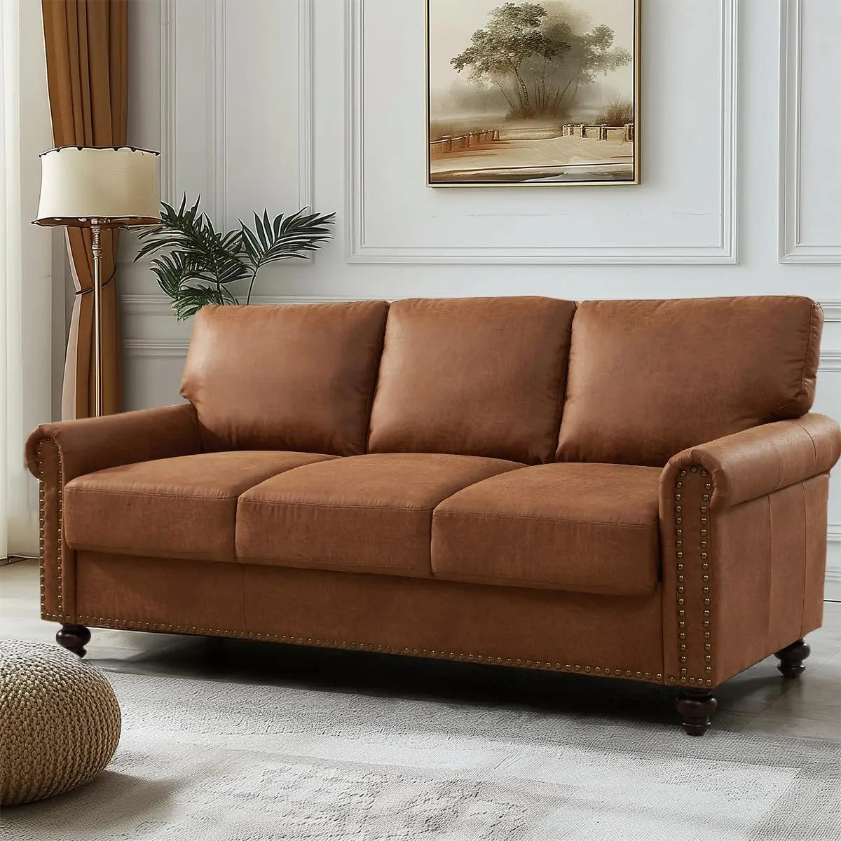 HUANZHUANG Faux Leather Sofa With Storage Mid Century
