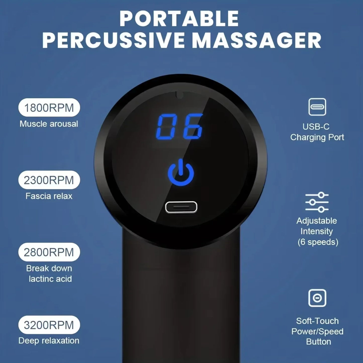Portable Fascial Massage Gun With LED Touch Electric Percussion Pistol Massager For Body Relaxation And Replaceable Massage Head