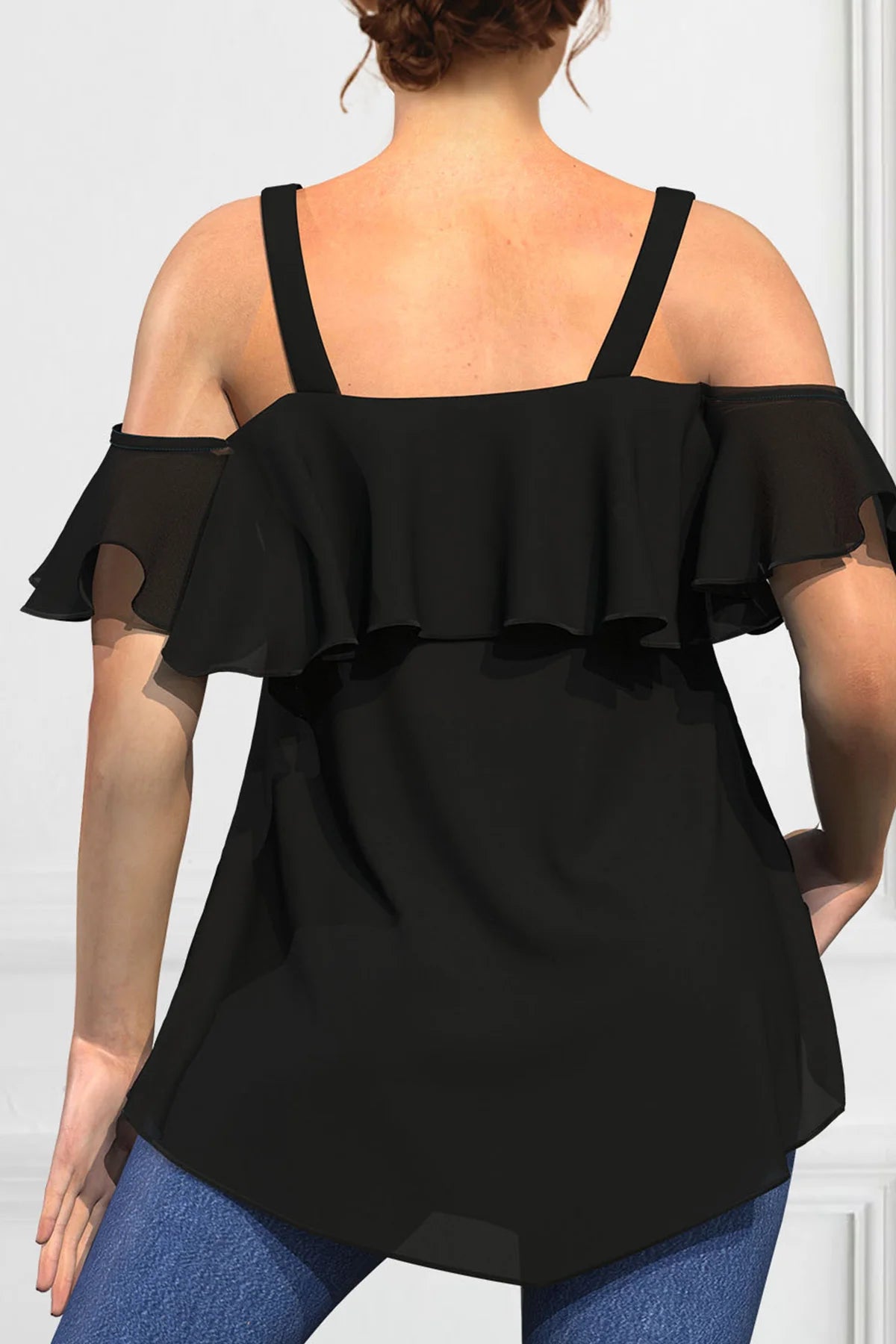 Plus Size Blouse for Women Elegant Cold Shoulder Ruffle Tops Loose Fit Solid Color Blusas 0XL to 5XL