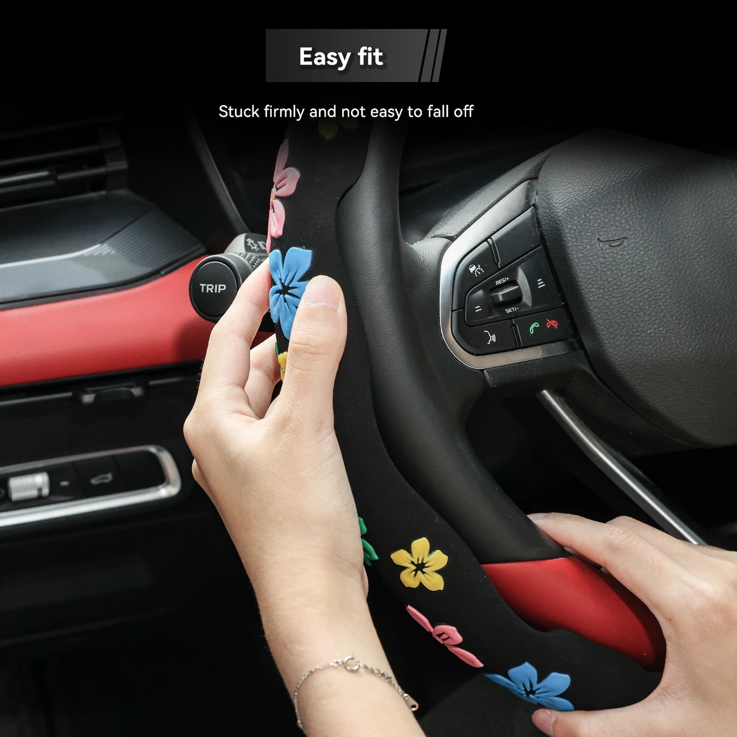 2PCS Universal Suede Car Steering Wheel Cover Floral Print Anti Slip for Women Car Interior Accessories