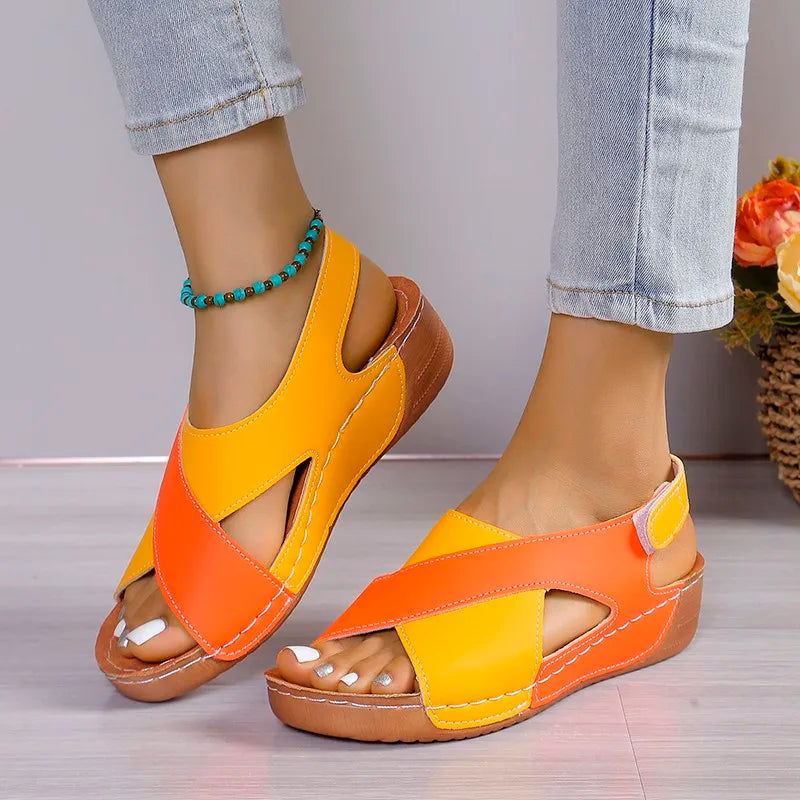 New Women's Contrast Color Wedge Sandals Summer Peep Toe Non Slip Beach Shoes Comfortable Platform Roman Sandals