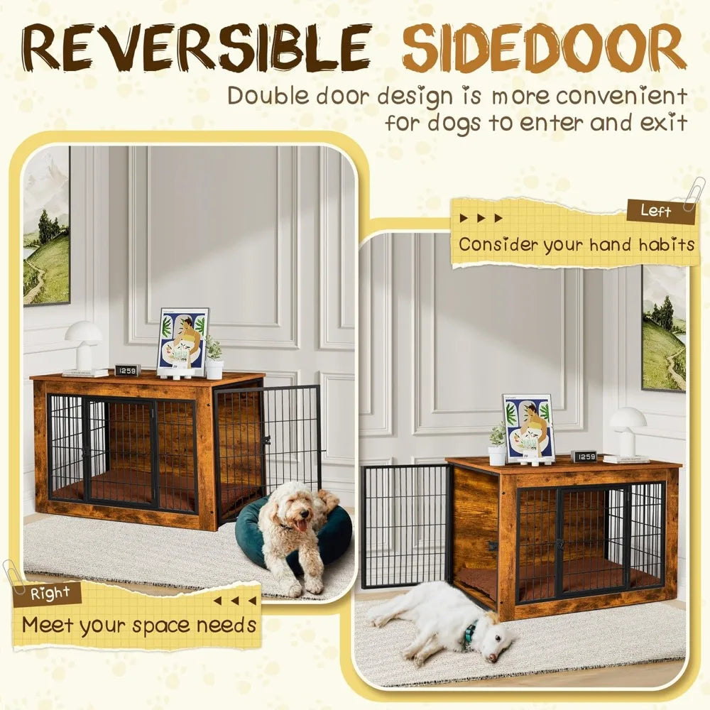 Dog Crate Furniture with Thick Cushion Wooden Side End Table Dog Cage with Double Doors Chew Resistant Kennel for Home