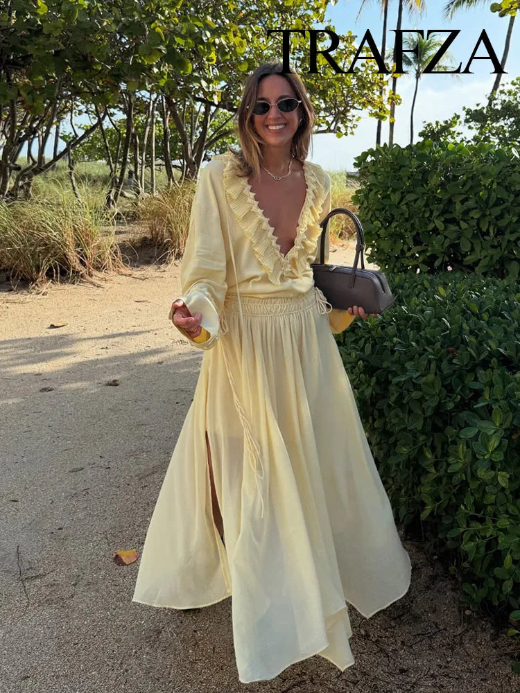 TRAFZA Women Elegant Skirt Suit Long Sleeve Lace Loose Shirt and Zipper Pleated Casual Long Skirt Set