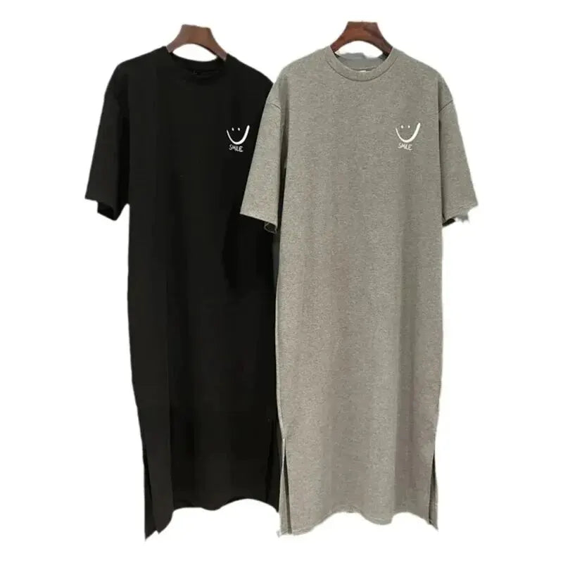 Women's Summer Short Sleeved T-Shirt Dress Loose Mid Length Over Knee Dress