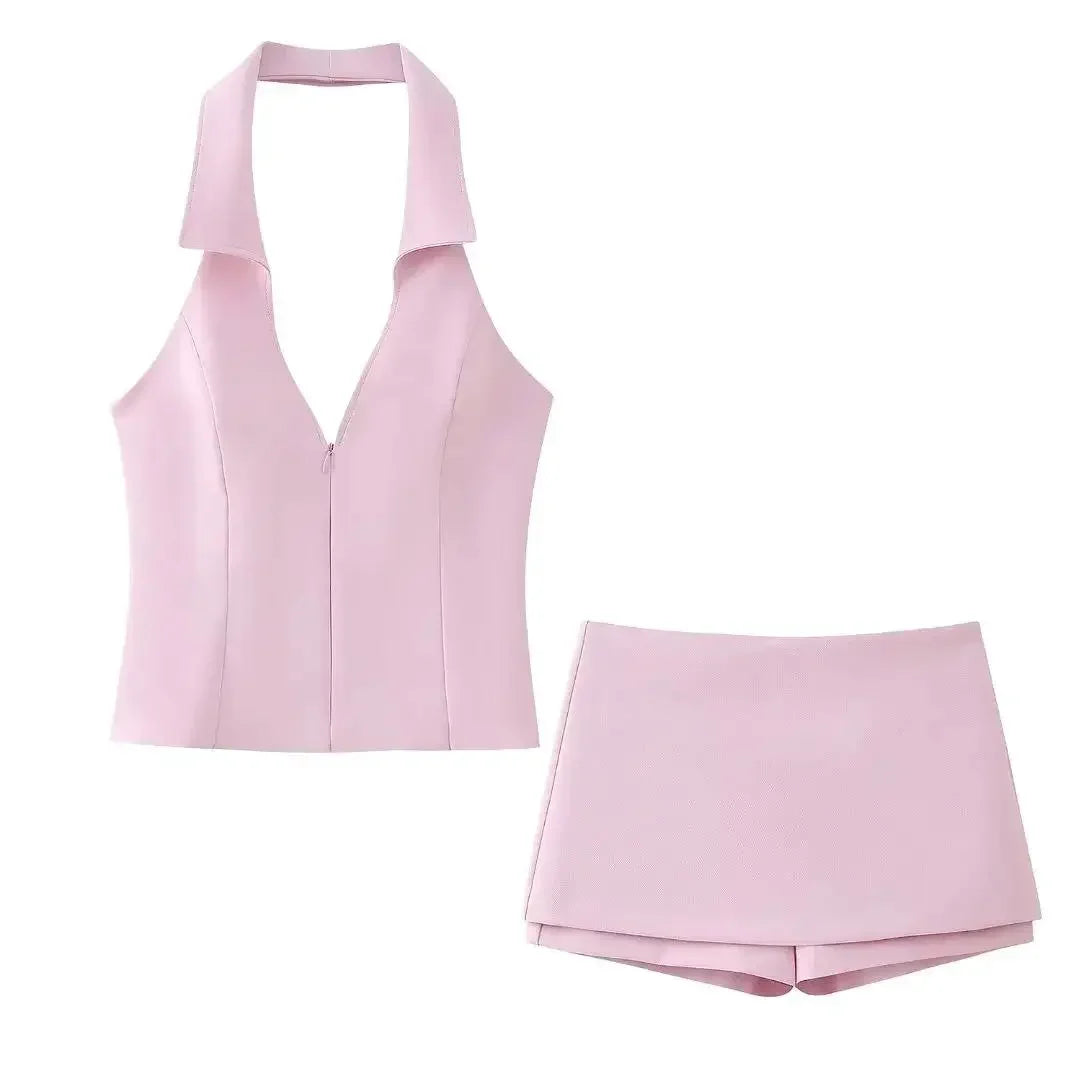 Fashion Pink Shorts Set for Women Sexy V Neck Sleeveless Tops Slim Hip Package Skirt 2024 Spring Summer New Ladies Suit
