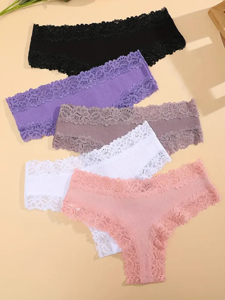 5 Pcs Set Women Cotton Floral Lace Intimate Underwear Trendy Patchwork Lace Briefs Soft Lingerie S-XL
