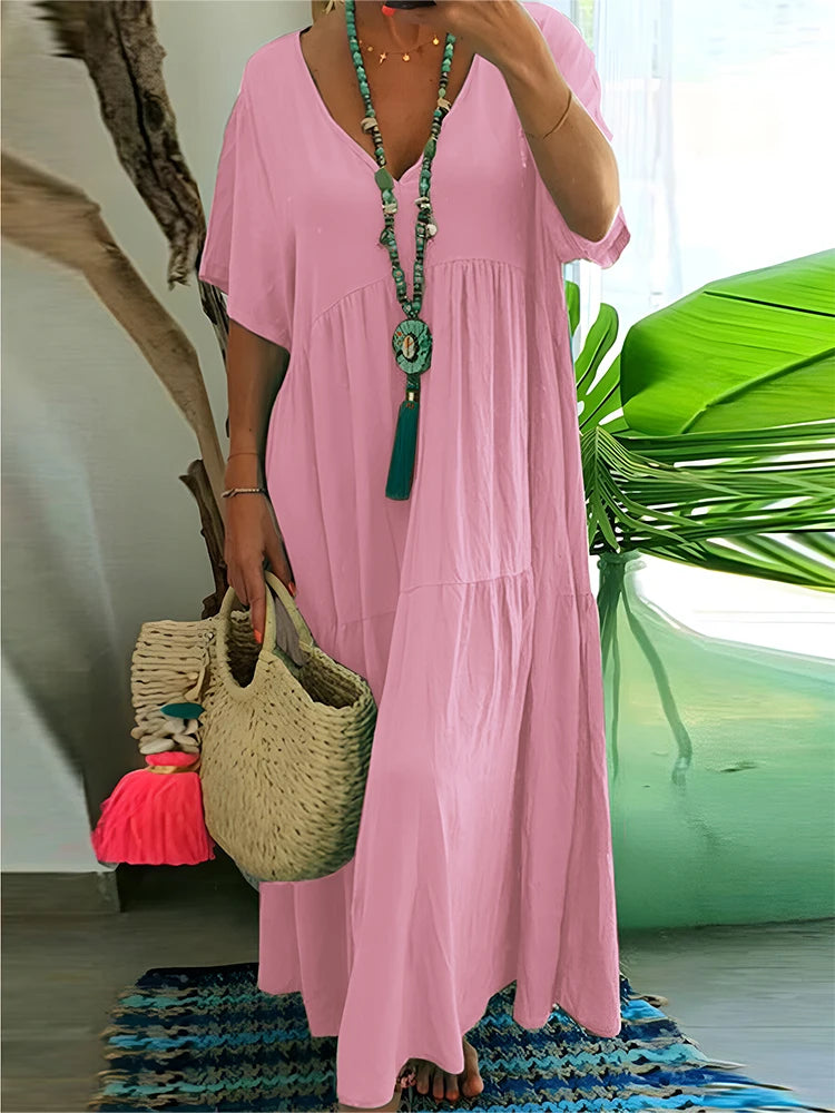 Plus Size Women's Casual Loose Ankle Length Dress V Neck Polyester