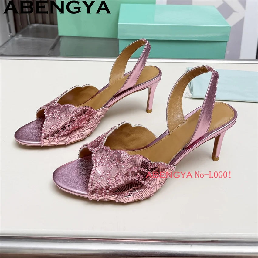 2026 Summer Trendy New Shiny Fish Mouth Toe Sexy Stiletto Sandals Woman Quality Sequined Thin High Heel Slippers for Women Shoes