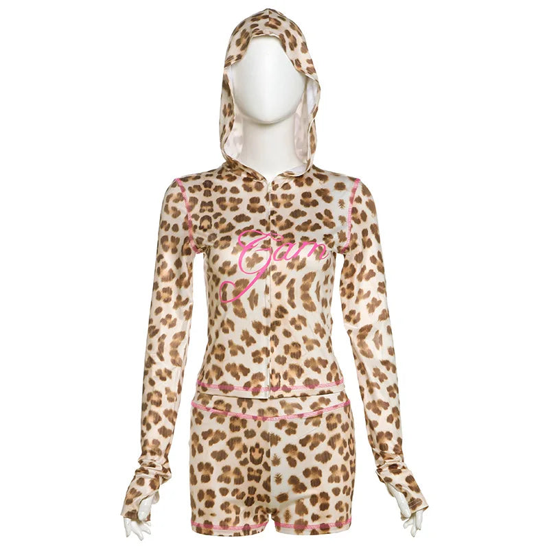 2025 Spring New Casual Leopard Print Hooded Short Dress Above Knee