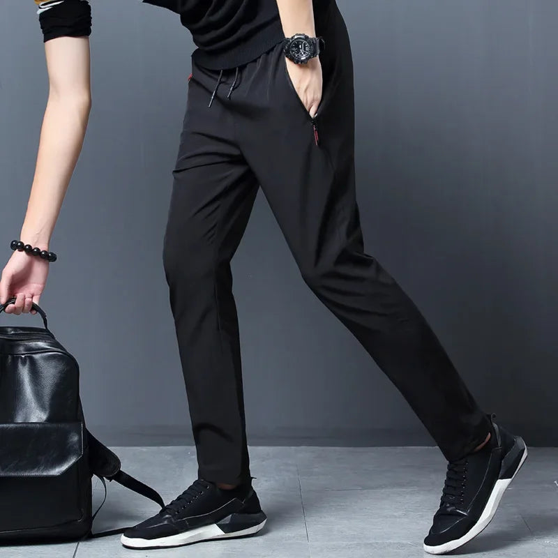 Men's Casual Straight Slim Fit Elastic Waist Jogger Pants Korean Style Blue Black Gray Plus Size Trousers