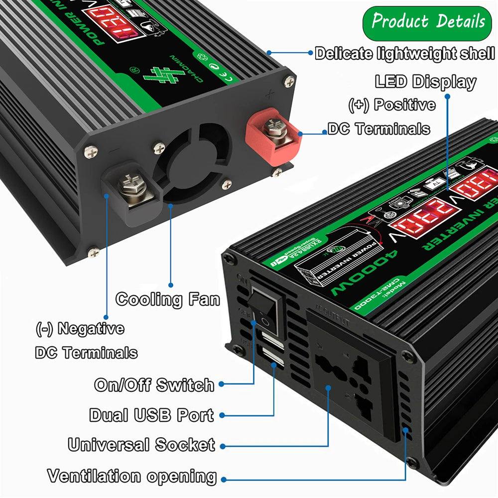 4000W DC 12V To AC 110V 220V Dual USB LCD Display Solar Inverter Portable Power Bank Car Converter For Camping RV