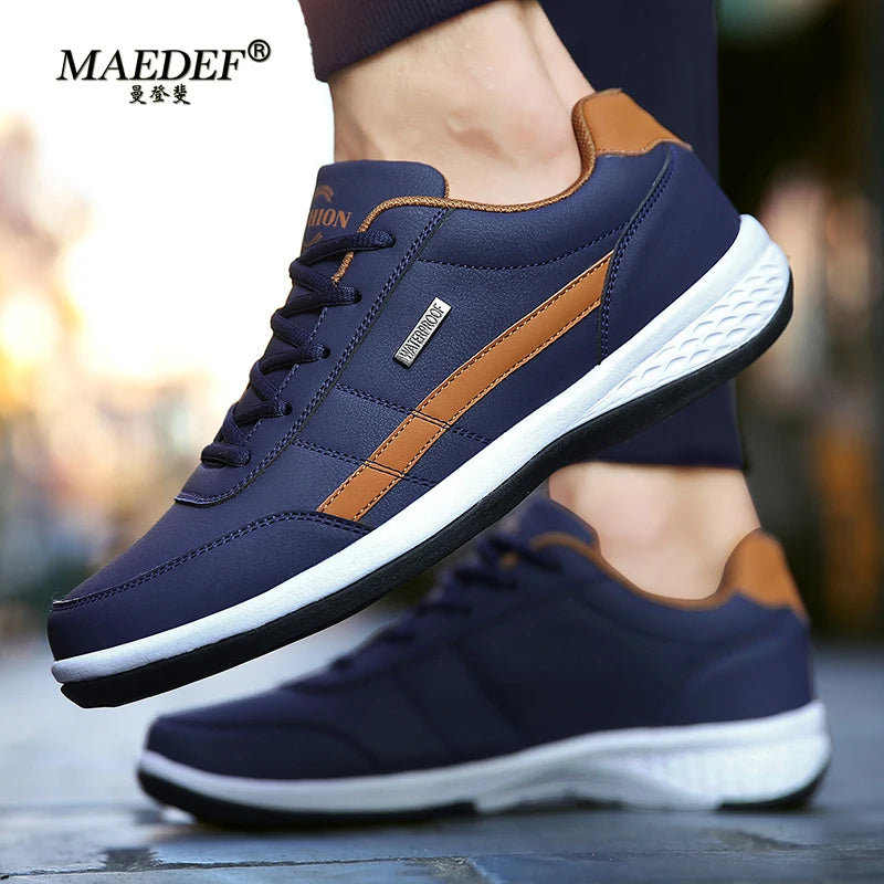 MaeDef Men's Waterproof Leather Sneakers Comfortable Lace Up Casual Footwear Vulcanized Shoes