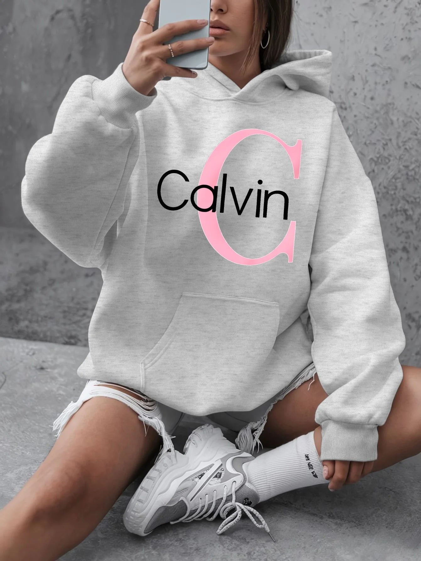 Calvin Graphic Hoodie Women's Plus Size "Calvin" Graphic Hoodie - Casual Long Sleeve Pullover with Pockets y2k clothes