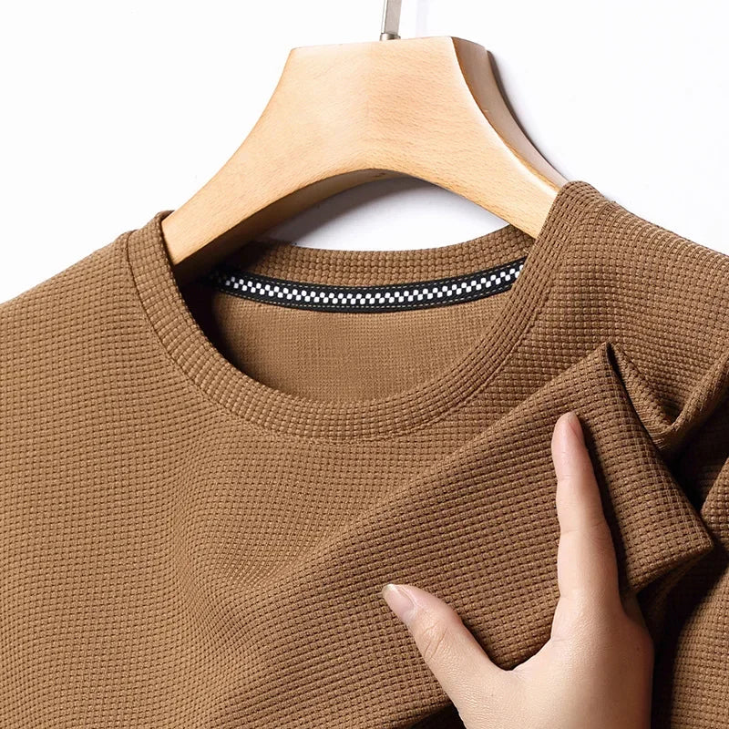 New Summer Waffle Round Neck Short Sleeved T Shirt for Men Casual Top