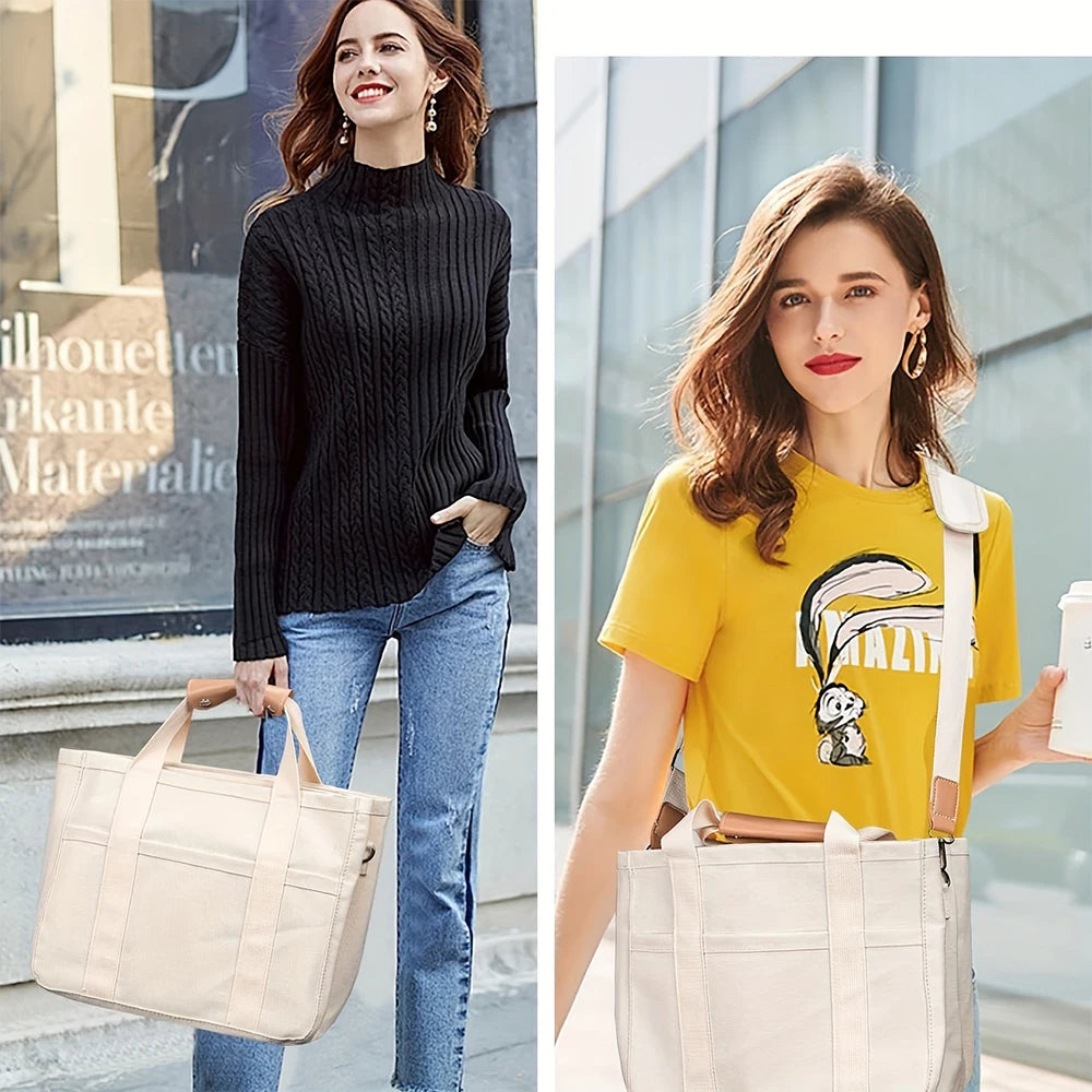 Women’s Canvas Tote Bag with Multiple Pockets, Large Capacity Shoulder Messenger Bag, Stylish, Durable & Versatile for Daily