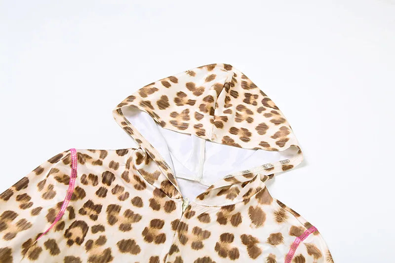 2025 Spring New Casual Leopard Print Hooded Short Dress Above Knee
