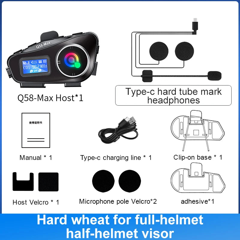 Q58 Max Motorcycle Helmet Bluetooth Intercom IP65 Waterproof 500 Meter Range Multi-Scene Music Sharing