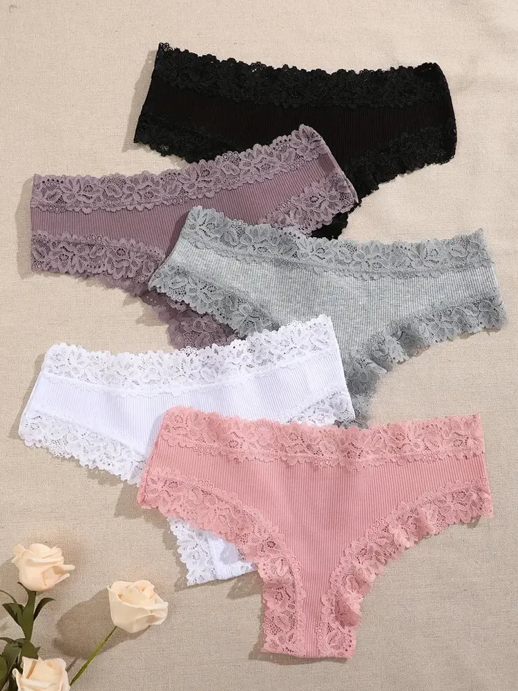 5 Pcs Set Women Cotton Floral Lace Intimate Underwear Trendy Patchwork Lace Briefs Soft Lingerie S-XL