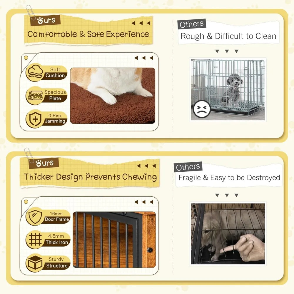 Dog Crate Furniture with Thick Cushion Wooden Side End Table Dog Cage with Double Doors Chew Resistant Kennel for Home