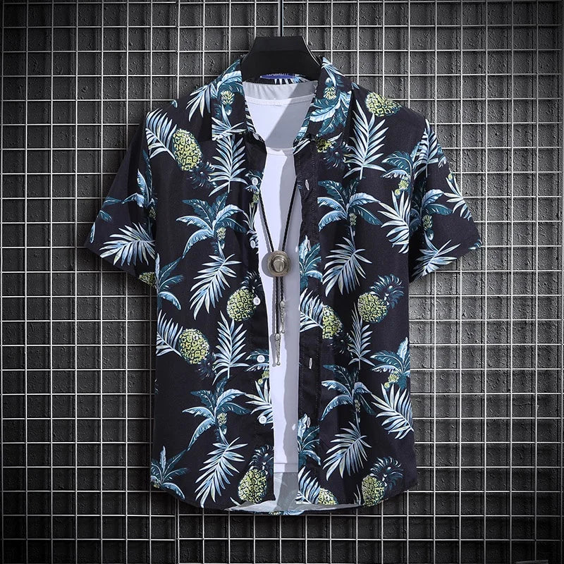 Men's Summer Short Sleeve Printed Beach Shirt Thin Turtle Neck Polo Casual Top