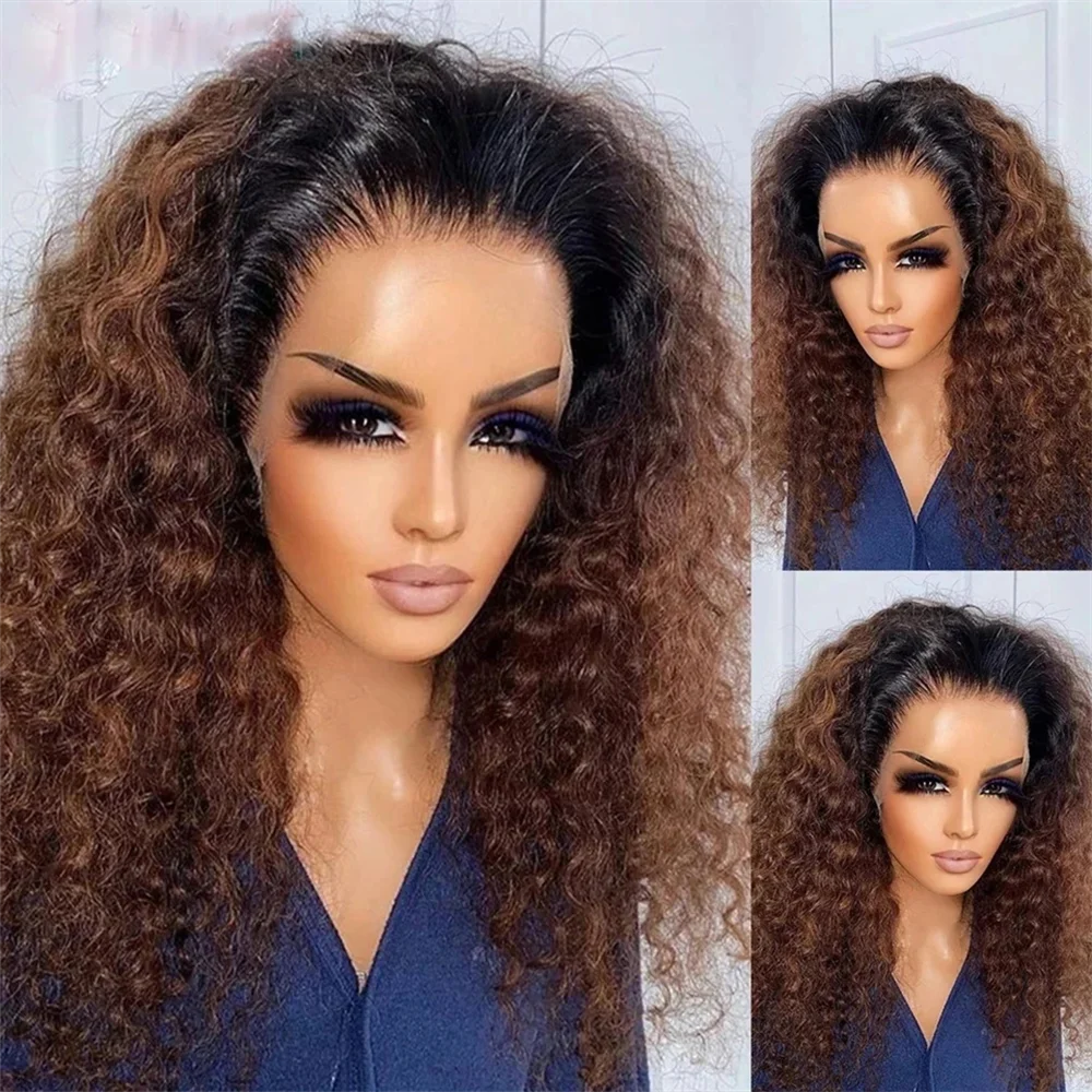 Soft Ombre Brown 180 Density 26 Inch Kinky Curly Preplucked Long Hair Wig For Women With Natural Hairline And Afro Baby Hair