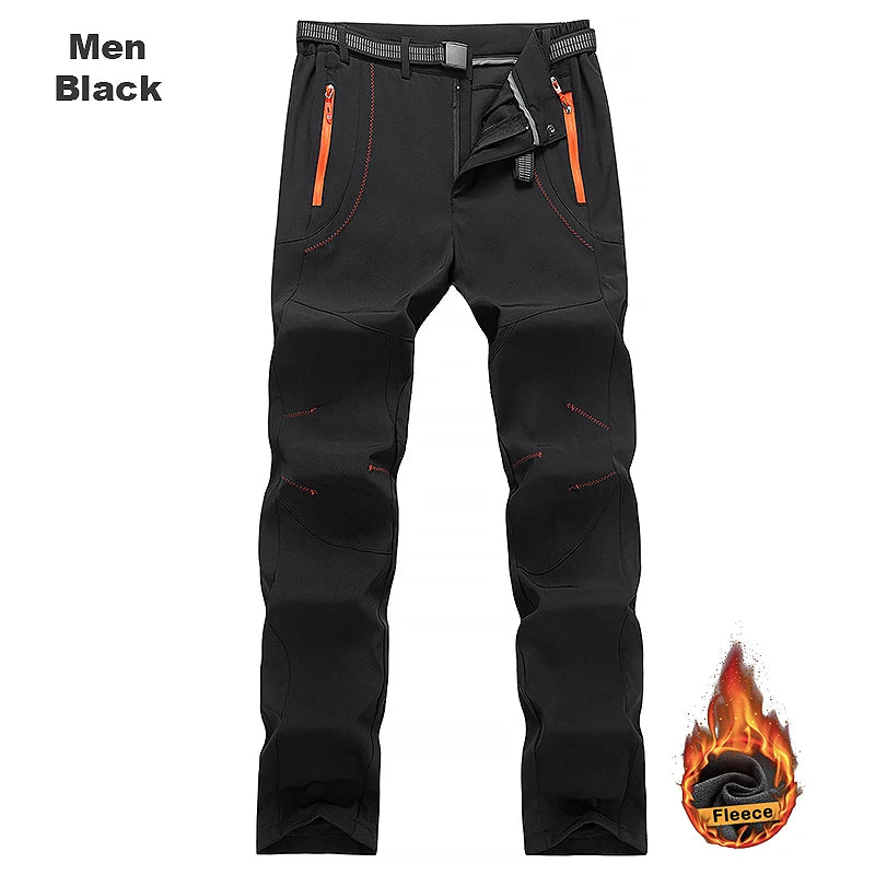 LNGXO Thick Warm Fleece Hiking Pants for Men Winter Waterproof Windproof Outdoor Soft Shell Rain Trousers for Trekking Camping and Skiing