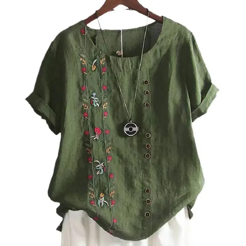 Retro Cotton Linen Short Sleeve Embroidered Flower Women's T Shirt Crew Neck Plus Size Shirt from Mainland China