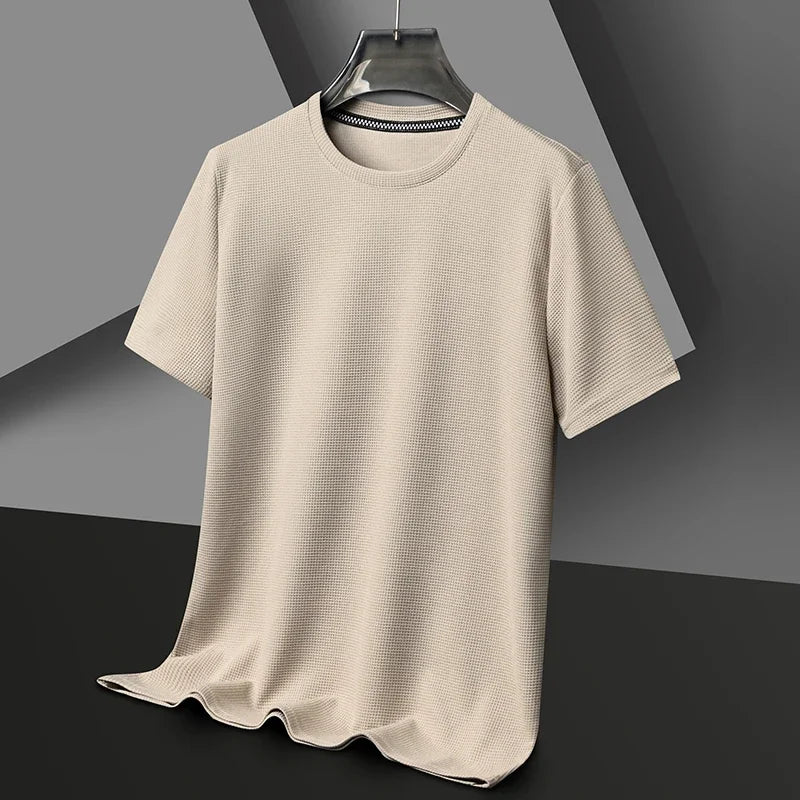 New Summer Waffle Round Neck Short Sleeved T Shirt for Men Casual Top