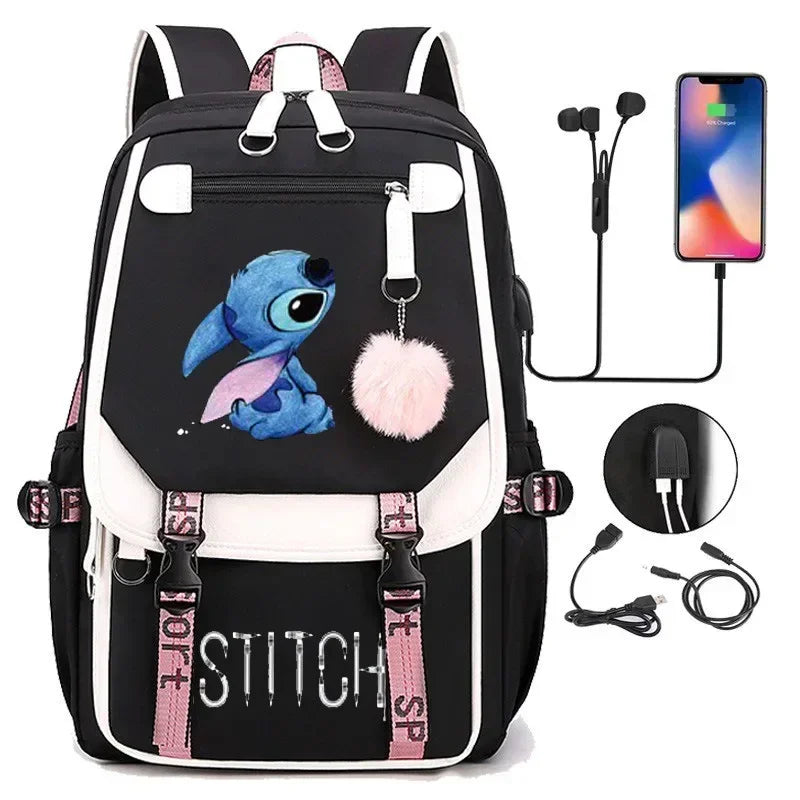 Miniso Disney 2025 New Series Cute Stitch Casual USB Charging Backpack Large Capacity Fashion Zipper High Quality Softback