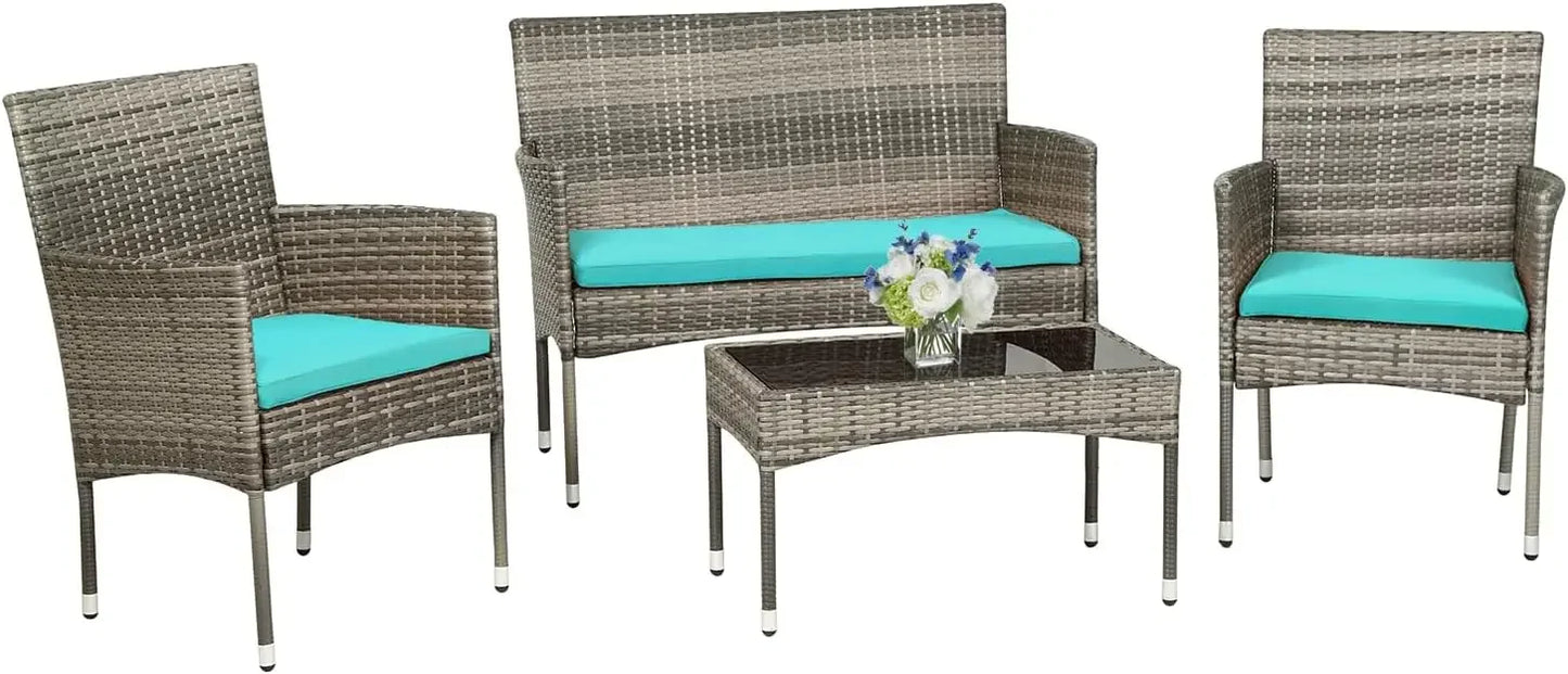 4 Pieces Patio Furniture Set Rattan Wicker Sofa Garden Conversation Set with Soft Cushions and Glass Table
