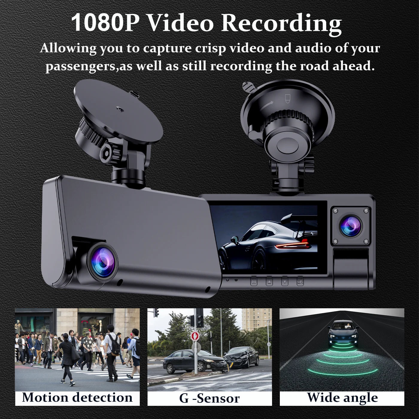 3 Channel Full HD Car Dash Cam with Night Vision Loop Recording and Motion Detection
