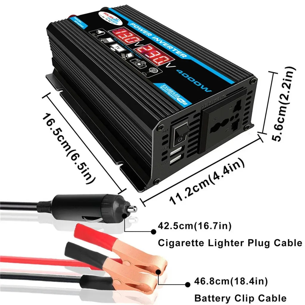 Car Power Inverter LED Display 4000W 12V to 220V 110V Converter Charger Adapter Multiple Protection Dual USB Voltage Transformer