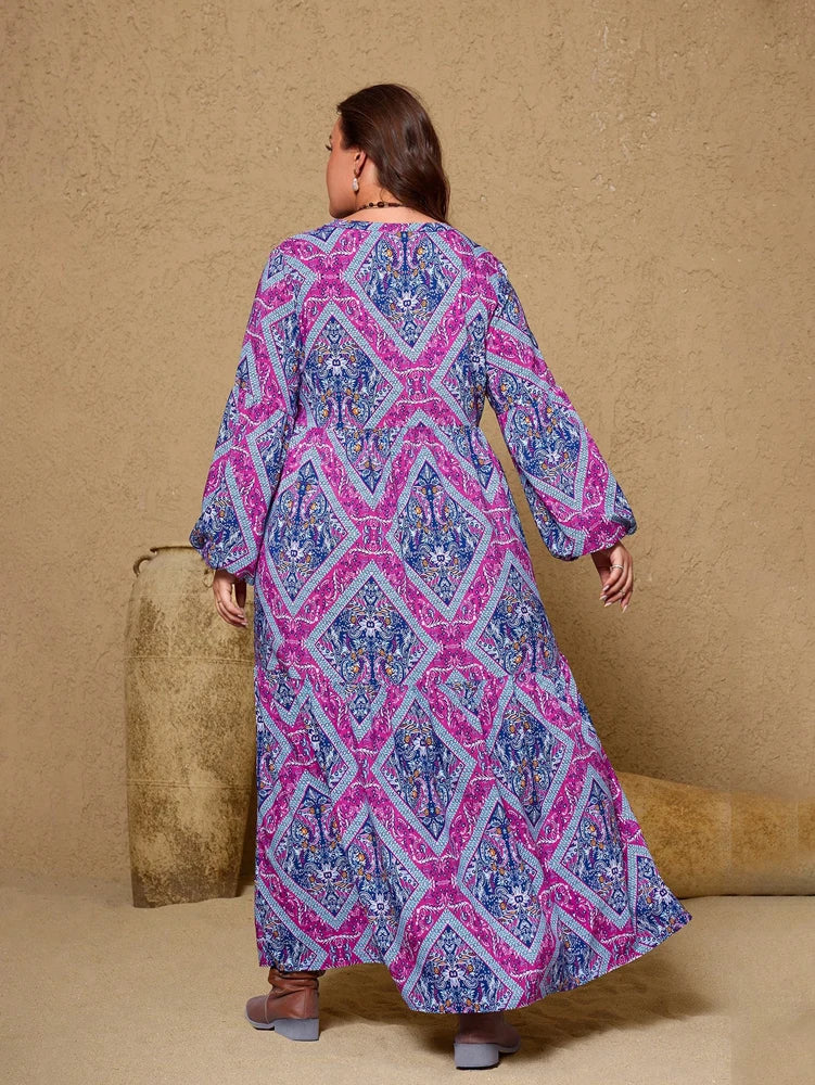 Plus Size 2025 New Women's V Neck Purple Casual Printed Dress Long Loose Fit Polyester Long Sleeve Pullover