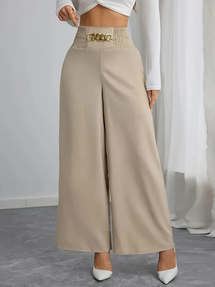 Plus Size Women's Casual Wide Leg Pants with Drawstring Waist and Pockets for Beach or Everyday Wear