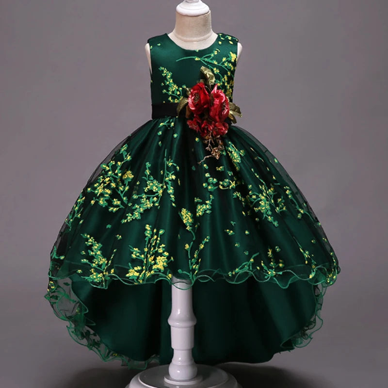 Baby Girls Flower Princess Dress Mid-Calf Length Cotton Polyester Voile Tribute Silk Mesh Age 7-12 Years